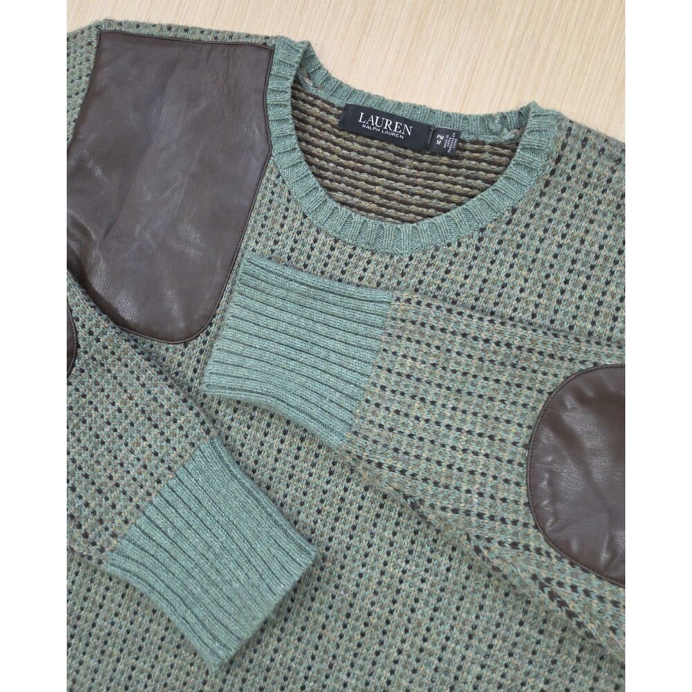Lauren Ralph Lauren Women's Wool Blend Sweater Petite M Green Faux Leather Patch